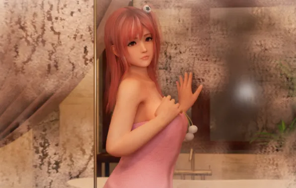 Girl, sexy, pink hair, long hair, boobs, beautiful, red eyes, pretty