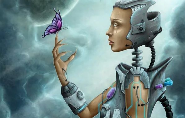 Картинка девушка, металл, бабочка, провода, робот, арт, когти, кристаллы