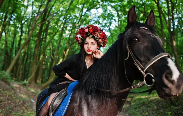 Взгляд, девушка, цветы, природа, конь, лошадь, макияж, черное платье
