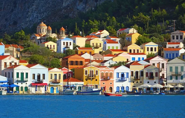 Картинка море, пейзаж, скала, остров, дома, лодки, Греция, Кастелоризо