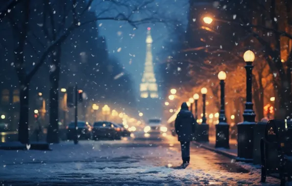 Зима, дорога, девушка, свет, снег, машины, ночь, город