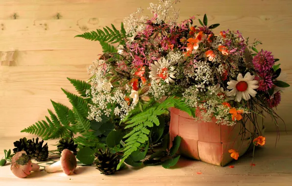 Картинка листья, цветы, корзина, грибы, шишки