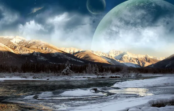 Картинка зима, облака, горы, река, планета