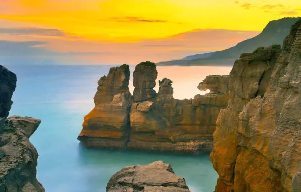 Скалы, Новая Зеландия, Тасманово море, Южный остров, Пунакаики