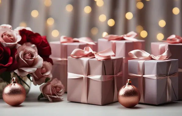 Украшения, шары, розы, Новый Год, Рождество, подарки, new year, happy