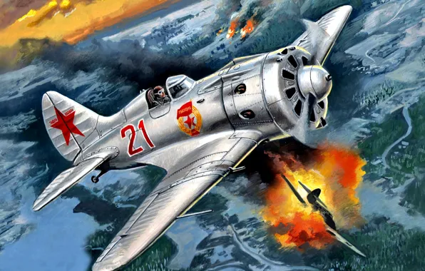 Картинка арт, Великая Отечественная война, истребитель-моноплан, поршневой, одномоторный, И-16 тип 24, WWII, ВВС РККА