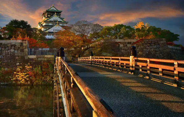 Картинка осень, деревья, пейзаж, закат, мост, природа, замок, Япония