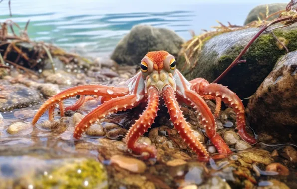 Море, взгляд, камни, берег, осьминог, щупальца, ИИ-арт, нейросеть