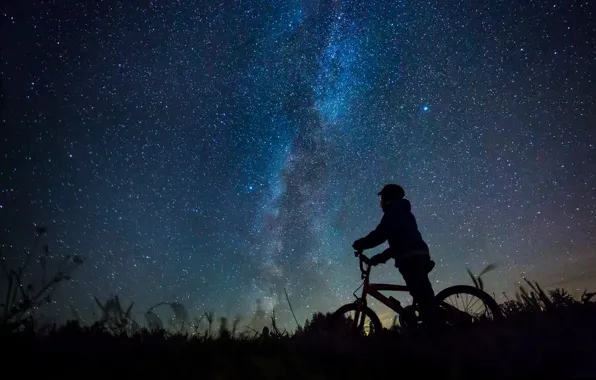 Star, bike, field, night, boy, Milky Way, darkness, silhouette