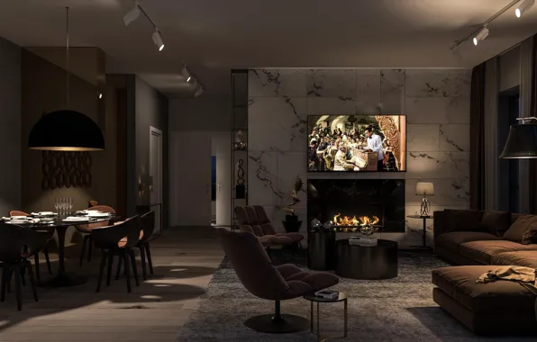 Дизайн, стиль, интерьер, камин, гостиная, luxury, Modern, столовая