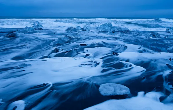 Холод, лед, зима, море, волны, пена, снег, синий