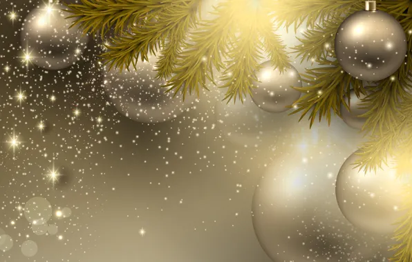 Картинка шары, новый год, блестки, веточки елки