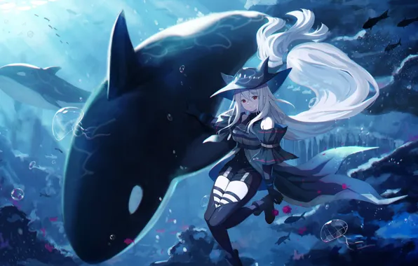 Девушка, океан, под водой, касатка, Arknights, Skadi