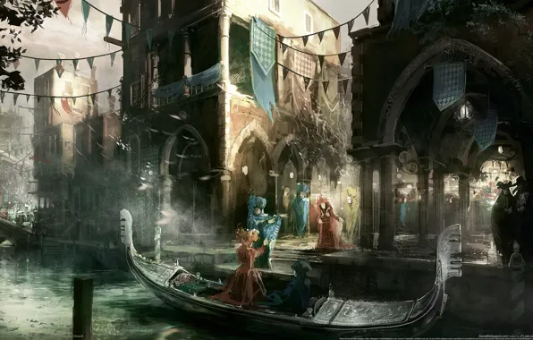 Картинка город, люди, лодка, канал, assassins creed, венецыя