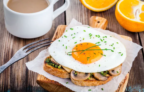 Картинка грибы, кофе, апельсины, завтрак, чашка, яичница, breakfast, тост