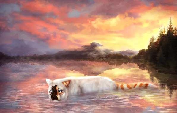 Картинка кошка, небо, вода, облака, деревья, природа, рисунки, Cryptillian