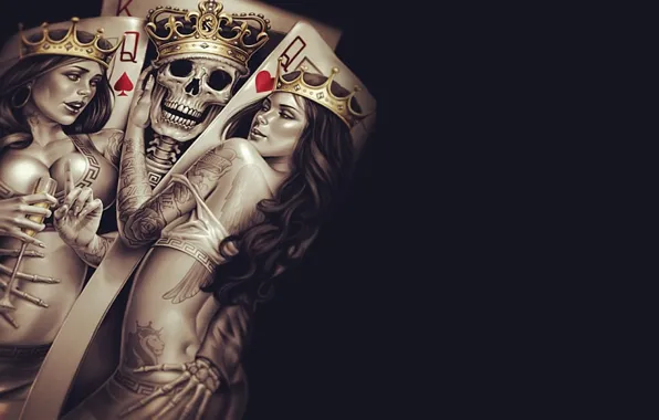 Skull, Queen, Cup, poker, bones, tattoos, Crown, King