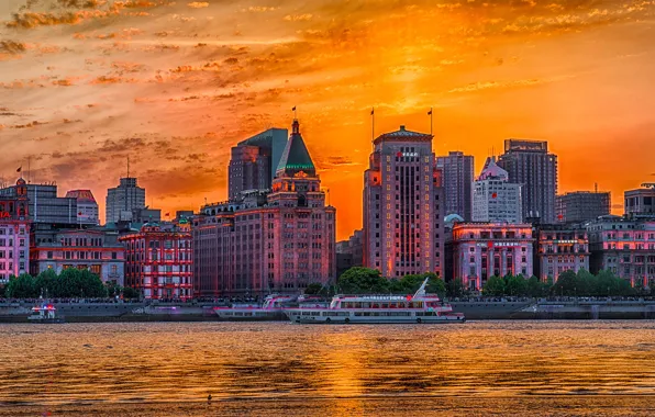 Небо, река, здания, HDR, дома, Китай, зарево, Шанхай