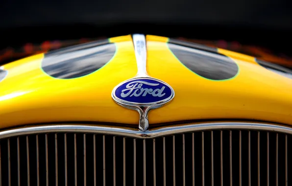 Картинка Ford, капот, эмблема, решётка, чётно- желтый