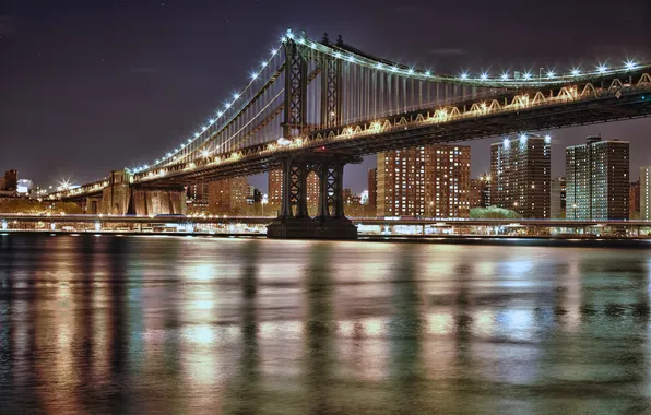Ночь, мост, город, огни, NYC, Manhattan Bridge
