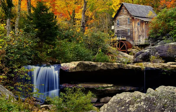Картинка осень, лес, природа, парк, камни, фото, водопад, США
