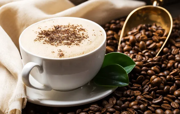 Кофе, зерна, чашка, капучино, пенка, coffee