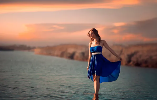 Девушка, платье, в воде, In the blue
