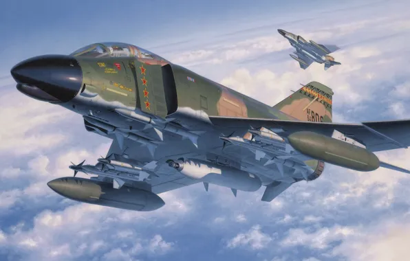 Картинка fighter, war, art, painting, aviation, jet, McDonnell Douglas F-4 Phantom II