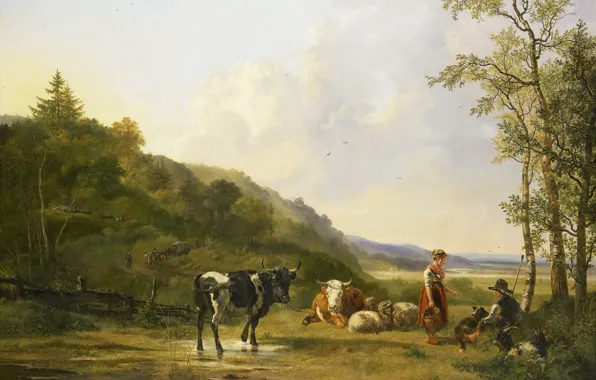 Картинка животные, масло, картина, холст, Питер Герардус ван Ос, Пейзаж с Пастухами и Скотом