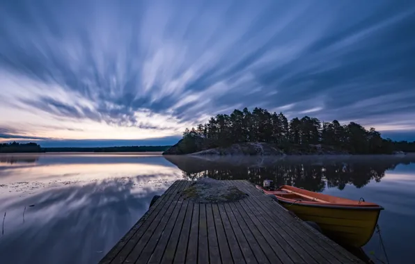 Картинка озеро, лодка, причал, Швеция, Sweden, Östergötland, Vardnas, Ostergotland