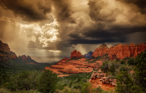 Картинка лето, свет, шторм, скалы, пустыня, Аризона, США, Седона