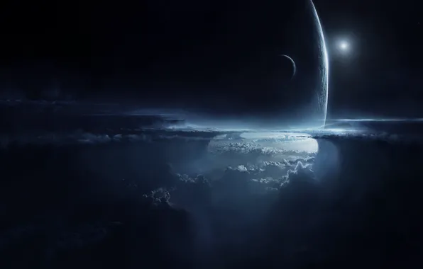Картинка небо, облака, ночь, планета, высота, спутник, атмосфера, арт