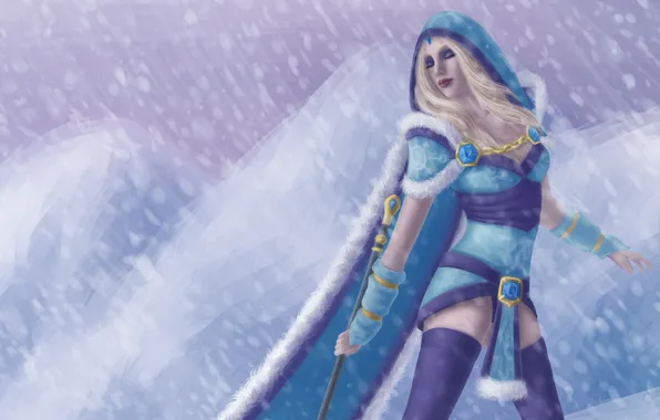 Девушка, снег, игра, арт, посох, Crystal Maiden, Dota 2, Rylai