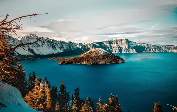 Снег, деревья, озеро, Орегон, США, кратер, Crater Lake, Crater Lake National Park