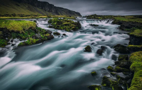 Река, водопад, каскад, Исландия, Iceland, Fossalar River, Река Фоссалар