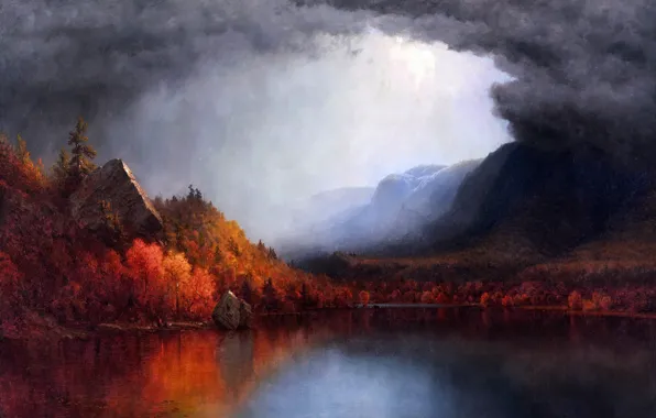 Картинка storm, sky, trees, landscape, water, mountains, clouds, painting