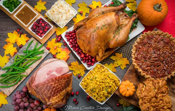 Пирог, виноград, мясо, тыква, соус, салат, индейка, ветчина