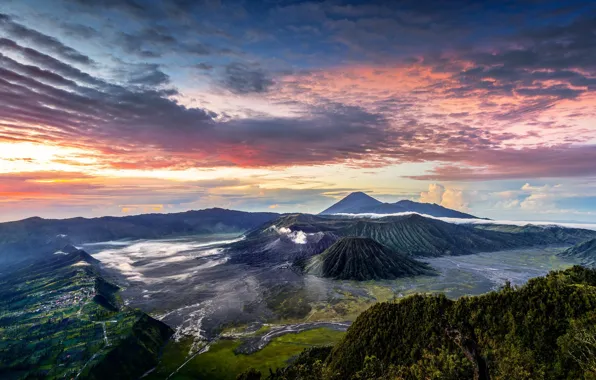 Облака, горы, Индонезия, Ява, панорамма, Tengger, вулканический комплекс-кальдеры Тенгер, вулкан Бромо