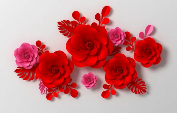 Картинка цветы, рендеринг, узор, красные, red, pink, flowers, композиция