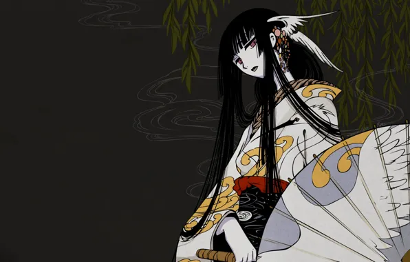 Девушка, ветки, дым, аниме, арт, заколка, xxxHolic