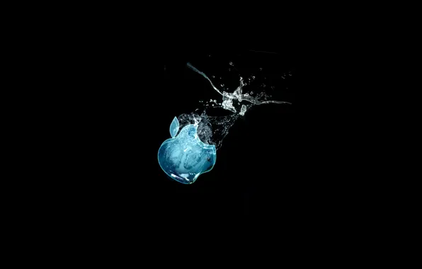 Картинка вода, Apple, черный фон, голубой оттенок