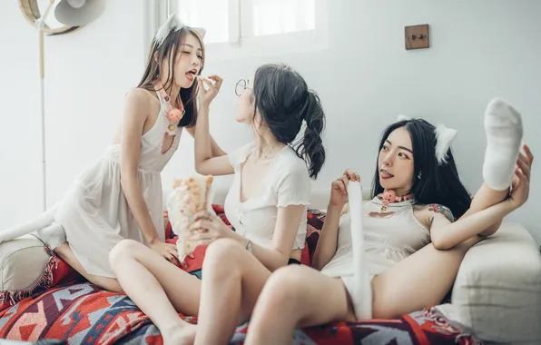 Asian, Girls, Women, Sofa, Window, Cosplay, Tail, Indoor