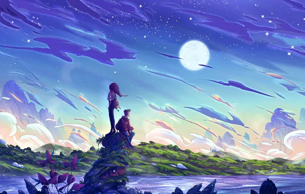 Girl, moon, river, sky, landscape, woman, night, art