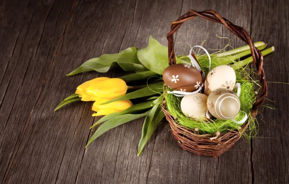 Картинка Пасха, тюльпаны, корзинка, wood, tulips, spring, Easter, eggs