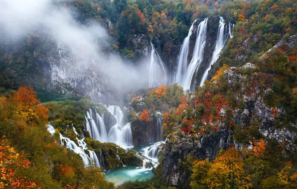 Осень, деревья, скалы, водопады, Хорватия, Plitvice