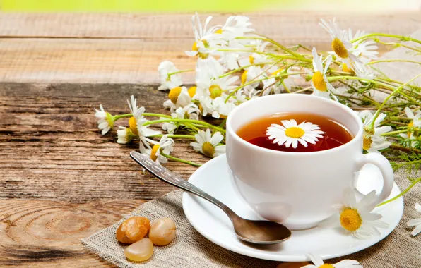 Картинка цветы, чай, ромашки, кружка, напиток, ложечка, блюдце