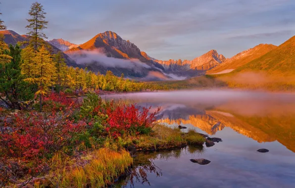 Картинка осень, облака, пейзаж, горы, природа, туман, озеро, отражение