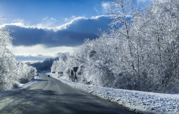 Зима, дорога, снег, пейзаж, машины, голубое небо