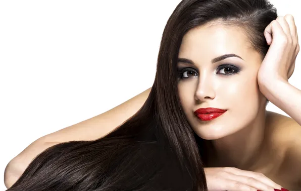 Картинка девушка, портрет, руки, макияж, брюнетка, длинные волосы