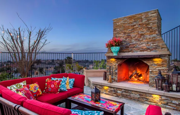 Мебель, печь, терраса, fireplace, coastal home